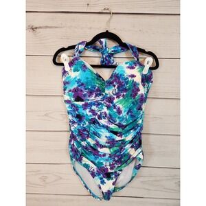 Contour By Christina Women's Blue Floral‎ Print V-Neck Halter Swimwear Size 16